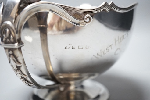 A George V silver two handled presentation pedestal bowl, with engraved inscription, Adie Bros. Birmingham, 1922, diameter 18.7cm, 29oz.